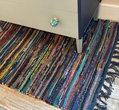 Festival Recycled Cotton Blend Rag Rug in Varied Colourways Indoor and Outdoor Use / 90 cm x 150 cm / Blue