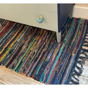 Festival Recycled Cotton Blend Rag Rug in Varied Colourways Indoor and Outdoor Use / 90 cm x 150 cm / Blue