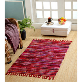 Festival Recycled Cotton Blend Rag Rug in Varied Colourways Indoor and Outdoor Use / 90 cm x 150 cm / Red