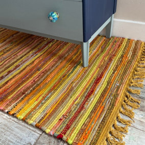 Festival Recycled Cotton Blend Rag Rug in Varied Colourways Indoor and Outdoor Use / 90 cm x 150 cm / Yellow