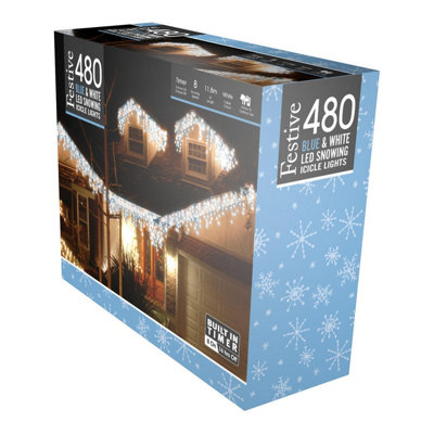 Festive 11.8m Indoor & Outdoor Snowing Effect Icicle Christmas Lights 480 Blue & White LEDs