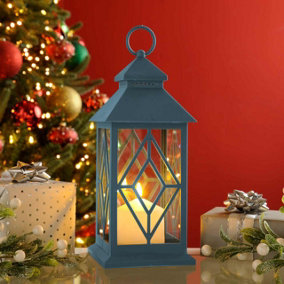Festive 31cm Blue Deco Lantern With Battery Operated Candle