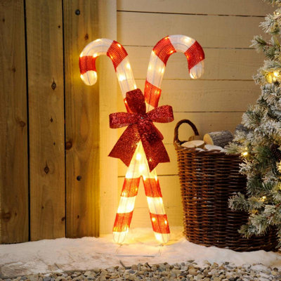 Festive 87cm Lit Twin Candy Canes With Bow 50 Warm White LEDs