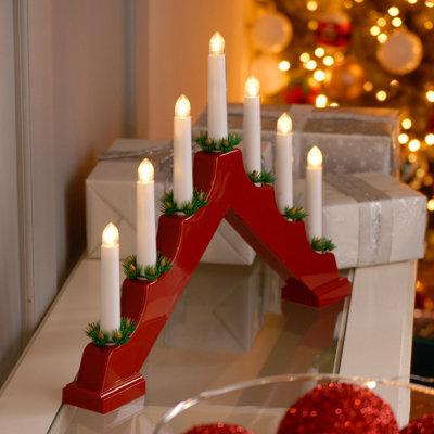Festive Battery Operated Red Candle Bridge with 7 Candles Warm White