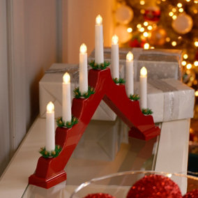 Festive Battery Operated Red Candle Bridge with 7 Candles - Warm White LEDs