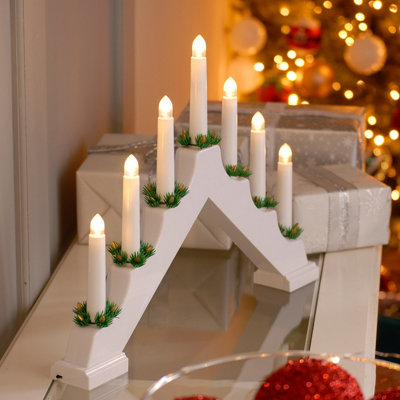 Festive Battery Operated White Candle Bridge with 7 Candles Warm