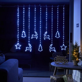 Festive Curtain String Lights - Mains Powered Indoor Outdoor Christmas Tree, Reindeer & Star LED Fairy Lighting - H120 x W110cm