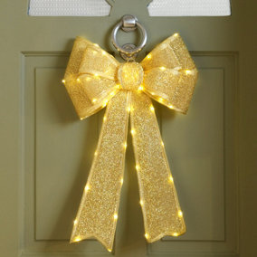 Festive Gold Battery Operated Christmas Door Bow with 84 Warm White LEDs