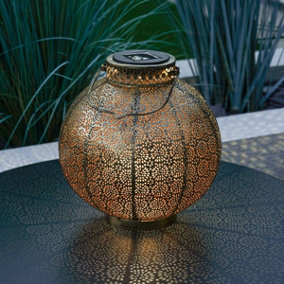 Festive Lights 25.5cm Antique Brass Style Moroccan Solar Powered Warm White LED Lantern - Outdoor IP44 Garden Table Lamp
