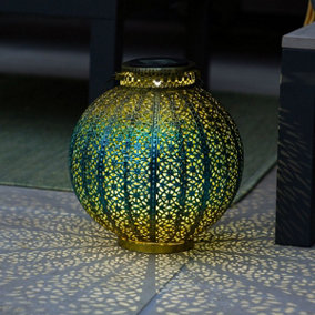 Festive Lights 26cm Blue & Gold Moroccan Garden Metal Lantern - Solar Powered White, Warm White & Colour Changing LEDs