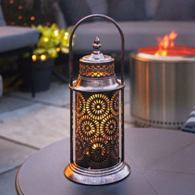 Festive Lights 39cm Solar Powered Bronze Moroccan Garden Metal Lantern