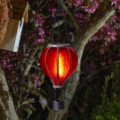 Festive Lights Solar Cool Flame Outdoor Hanging LED Hot Air Balloon Lantern - Red Stain Glass Effect Light with Handle