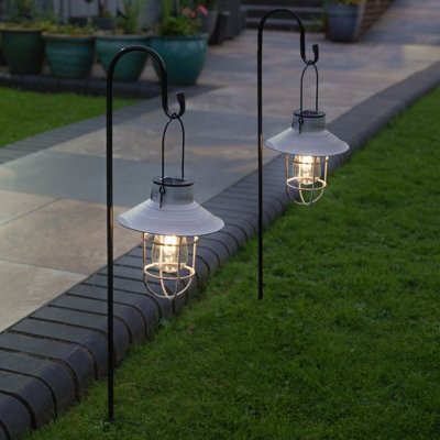 Festive Lights Twin Pack Solar Powered Filament Effect Hanging Fisherman Lantern Grey - Warm White LEDs