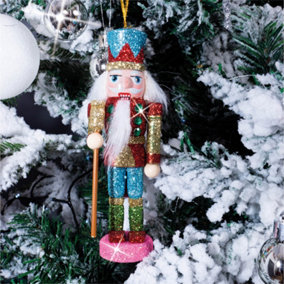 Festive Ornament Nutcracker Glitter Christmas Tree Bauble Decoration- Blue