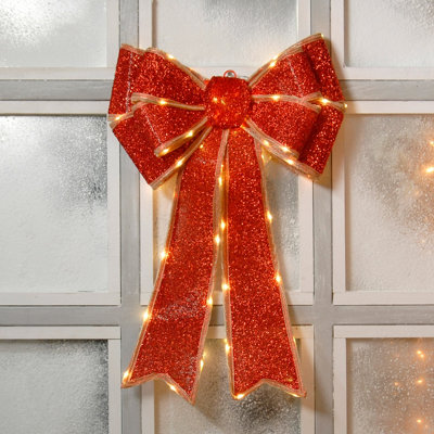Festive Red Battery Operated Christmas Door Bow with 84 Warm White LEDs