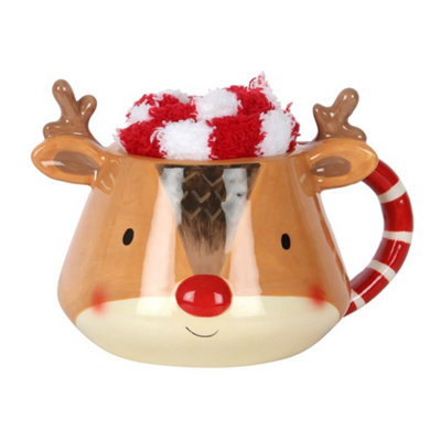 Holiday Reindeer Ceramic Mug & Slipper Socks Set