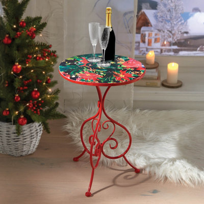 Festive Side Table, Poinsettia Top Decoration, Decorative Heart Base, Iron Construction, H45 x Dia.31cm