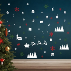 Festive Snowflakes and Christmas Village Wall Stickers Living room DIY Home Decorations