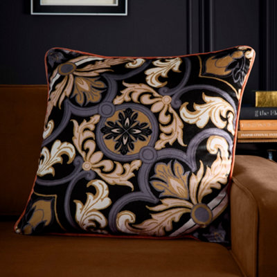 Festivo Ornamental Tile Print Velvet Black Filled Cushion