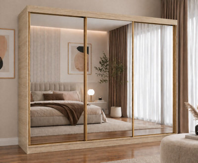 FHIF DUBAI Gold 250cm Oak Sliding Door Wardrobe Modern Bedroom Storage ...
