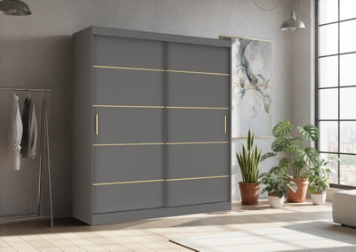 FHIF LEXISS Gold 150cm Grey Modern Sliding Door Wardrobe Bedroom ...
