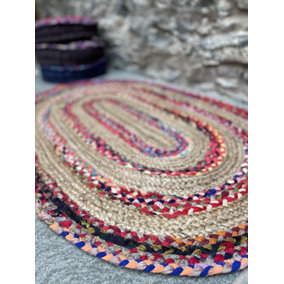 FIESTA Oval Rug Jute Hand Woven with Recycled Fabric / 60 cm x 90 cm