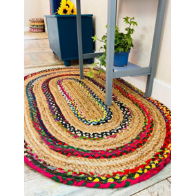 FIESTA Oval Rug Jute Hand Woven with Recycled Fabric / 75 cm x 120 cm