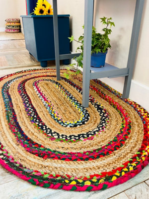 FIESTA Oval Rug Jute Hand Woven with Recycled Fabric / 90 cm x 150 cm