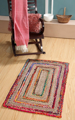 FIESTA Rectangular Jute Rug Hand Woven with Recycled Fabric / 60 cm x 90 cm