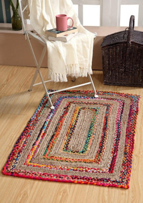 FIESTA Rectangular Jute Rug Hand Woven with Recycled Fabric / 75 cm x 120 cm