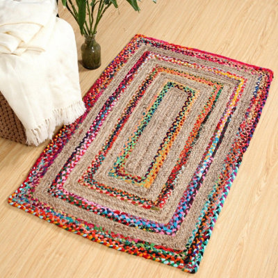 FIESTA Rectangular Jute Rug Hand Woven with Recycled Fabric / 90 cm x ...