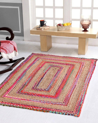 FIESTA Rectangular Rug Hand Woven with Recycled Fabric - Jute - L75 x W120