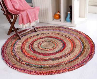 FIESTA Round Rug Jute Hand Woven with Recycled Fabric / 120 cm Diameter