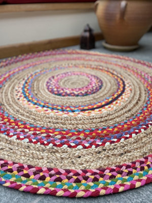 FIESTA Round Rug Jute Hand Woven with Recycled Fabric / 120 cm Diameter