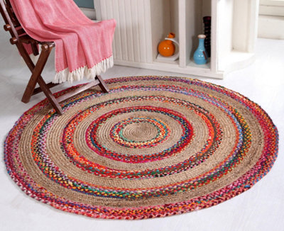 FIESTA Round Rug Jute Hand Woven with Recycled Fabric / 150 cm Diameter ...