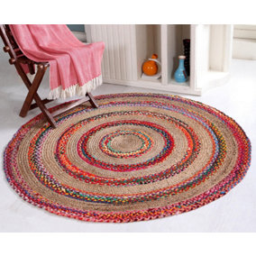 FIESTA Round Rug Jute Hand Woven with Recycled Fabric / 150 cm Diameter