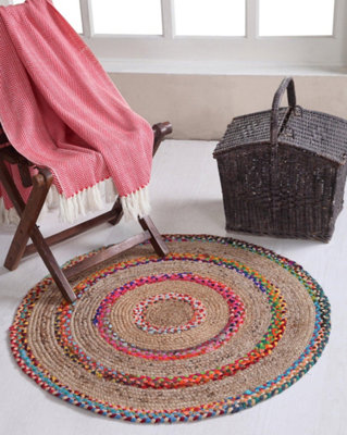 FIESTA Round Rug Jute Hand Woven with Recycled Fabric / 60 cm Diameter