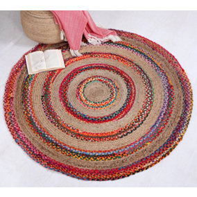 FIESTA Round Rug Jute Hand Woven with Recycled Fabric / 90 cm Diameter