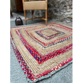 FIESTA Square Rug and Multi Colour Recycled Fabric - Jute - L150 x W150 - Multicolour