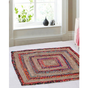 FIESTA Square Rug Jute Hand Woven with Recycled Fabric / 120 cm x 120 cm