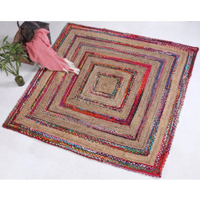 FIESTA Square Rug Jute Hand Woven with Recycled Fabric / 150 cm x 150 cm
