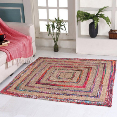FIESTA Square Rug Jute Hand Woven with Recycled Fabric / 180 cm x 180 ...