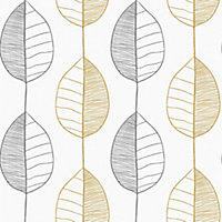 Fika Leaf Wallpaper In White And Grey And Mustard