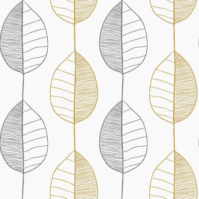 Fika Leaf Wallpaper In White And Grey And Mustard