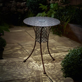 Filigree Silhouette Bistro Table with Built-In Solar Light - Weather Resistant Metal LED Illuminated Garden Table - H60 x 45cm Dia