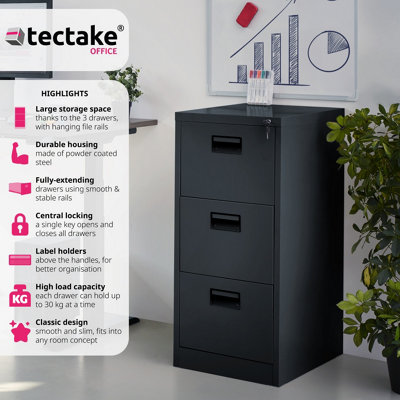 Filing Cabinet - 3 drawers, suspension rails, lockable, label holders - 1 - black
