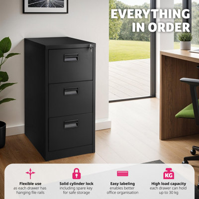 Filing Cabinet - 3 drawers, suspension rails, lockable, label holders - 1 - black