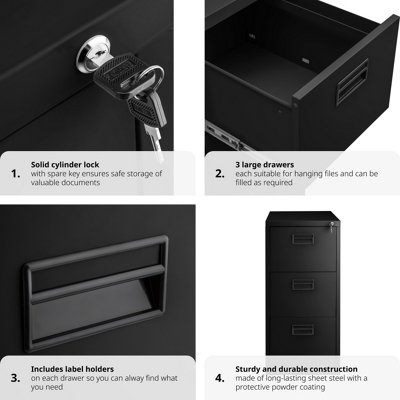Filing Cabinet - 3 drawers, suspension rails, lockable, label holders - 1 - black