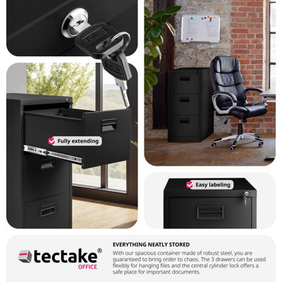 Filing Cabinet - 3 drawers, suspension rails, lockable, label holders - 1 - black