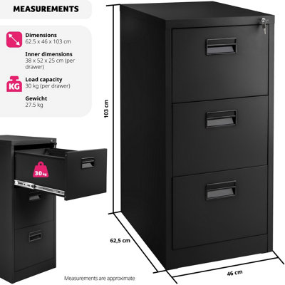 Filing Cabinet - 3 drawers, suspension rails, lockable, label holders - 1 - black